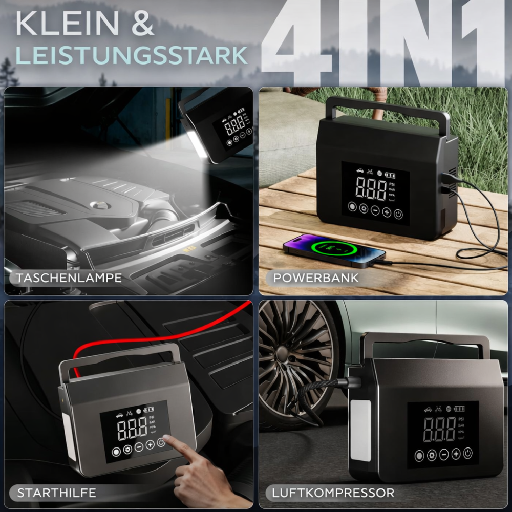 Autostarthilfe Kompressor Powerbank 15000mAh LED 12V 3
