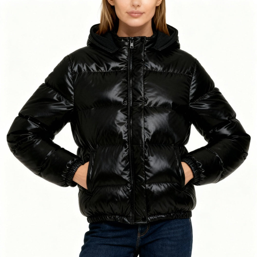 Damen Glänzende Steppjacke Kapuze 2