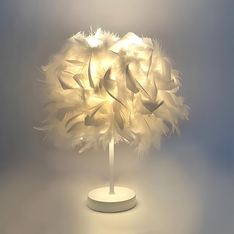 FeatherLight | Elegante Runde Tischlampe mit Federdesign
