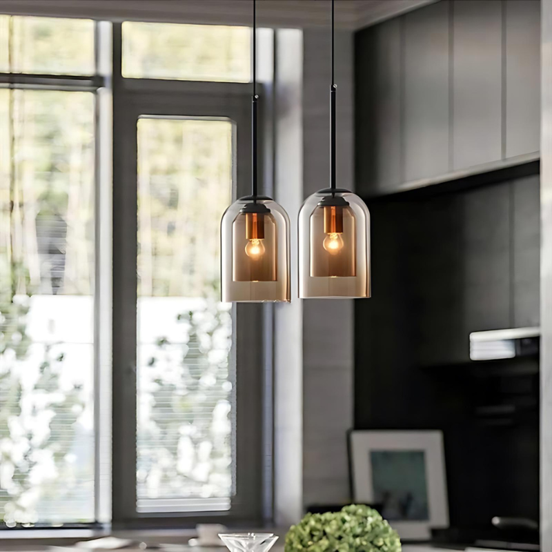 PendantGlow | Mid-Century Pendelleuchte mit Doppelglas in Rauchgrau und Rost