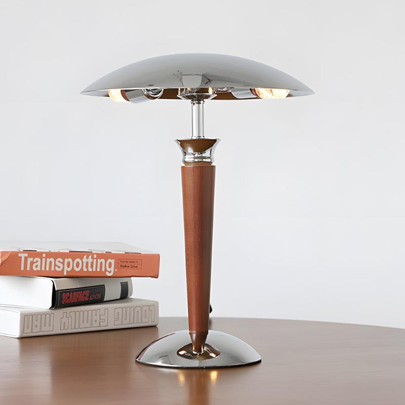 VintageChic | Tischlampe aus chromiertem Metall mit Pilzschirm und 3-stufigem Holzdimmer