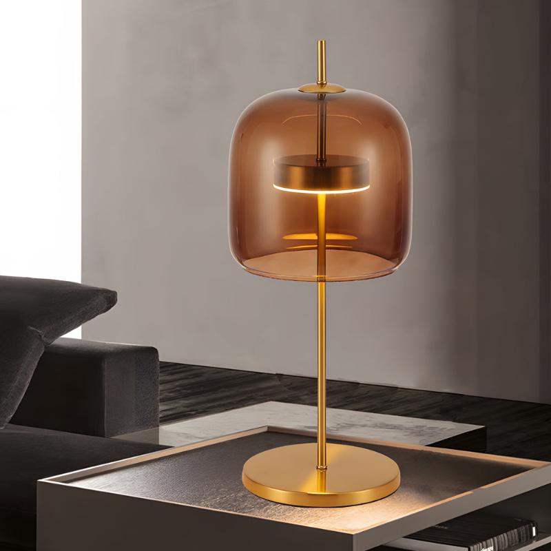 GleamElegance | Elegante Tischlampe aus rauchigem Glas für ein warmes Ambiente
