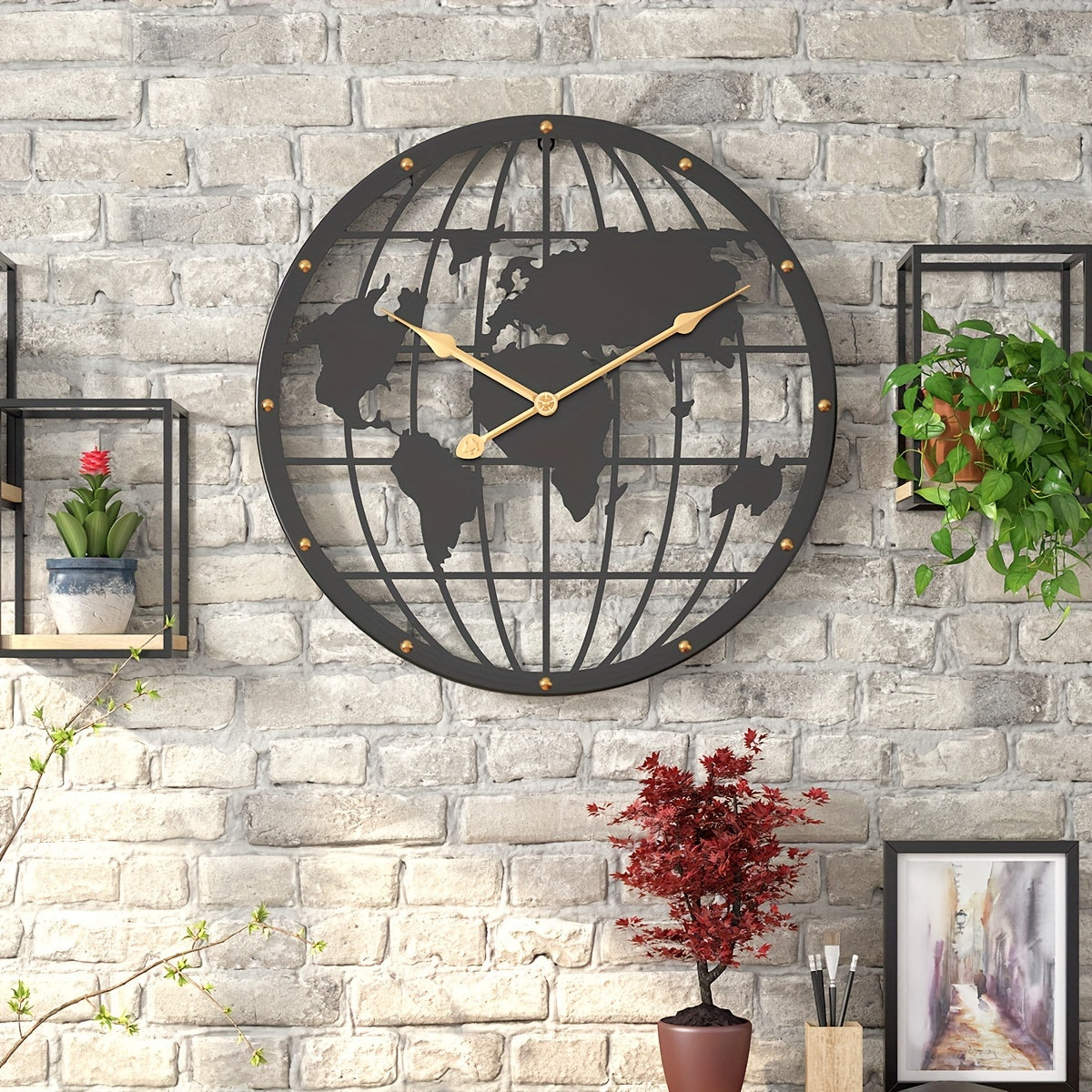 Weltzeit | 40 cm Metall-Wanduhr mit goldenen Ziffern