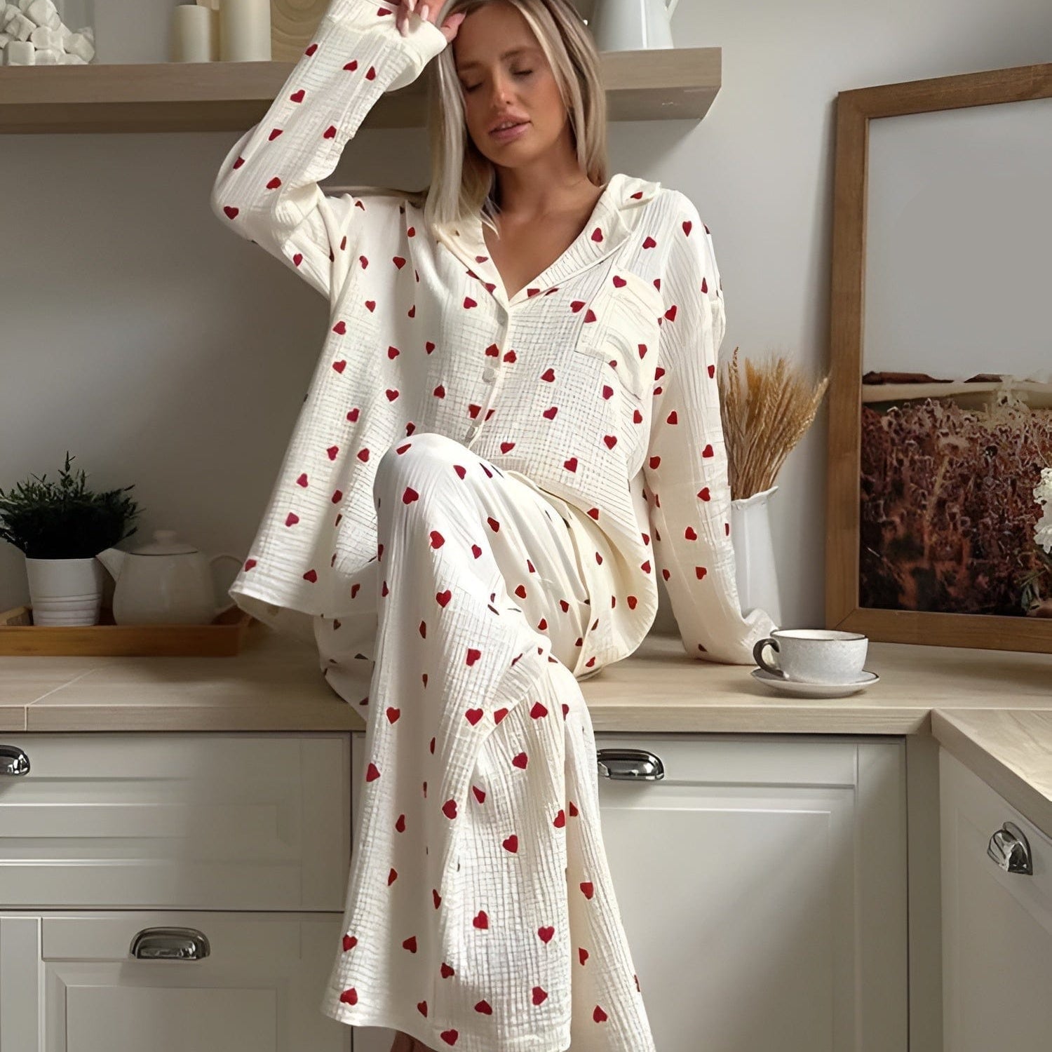 Damen Herz Baumwolle Bequem Lässig Pyjama Set 2