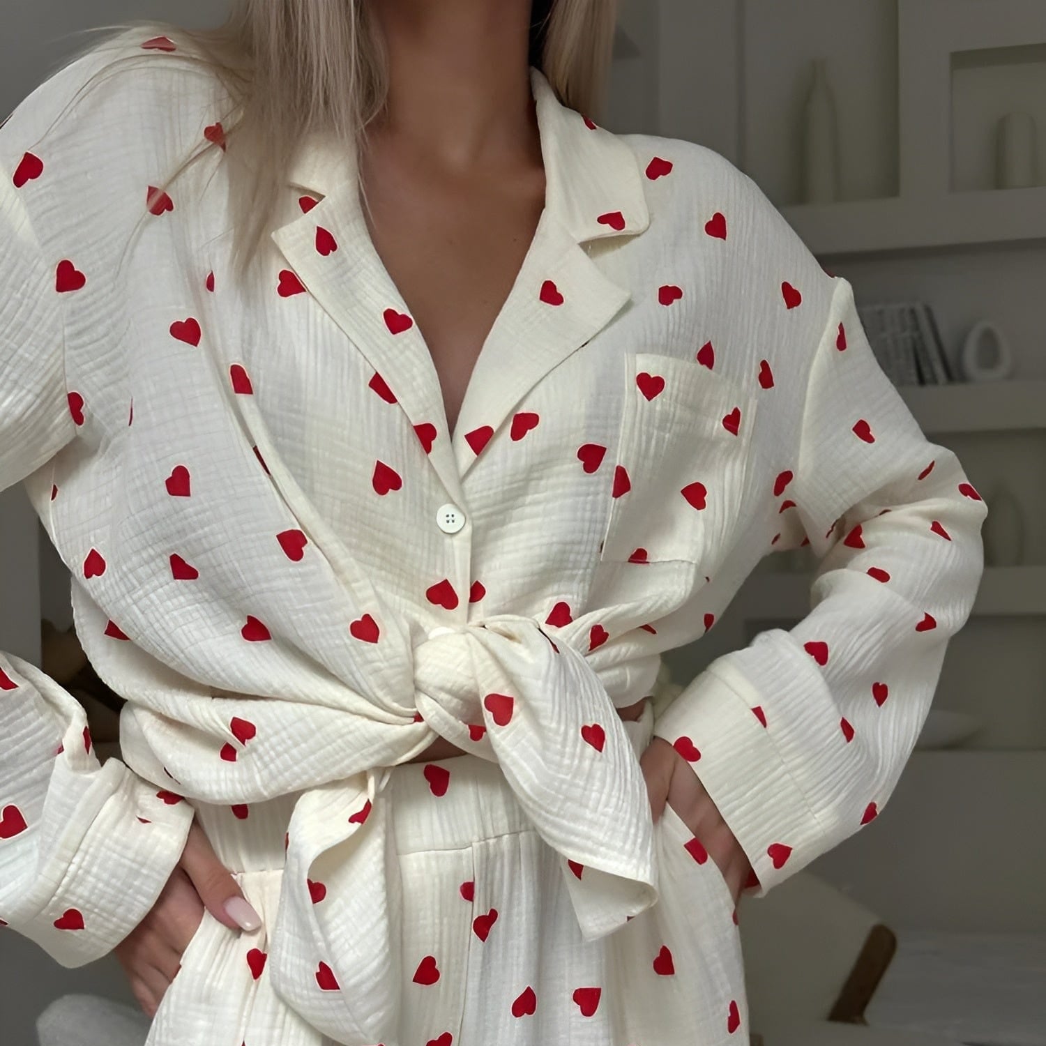 Damen Herz Baumwolle Bequem Lässig Pyjama Set 4