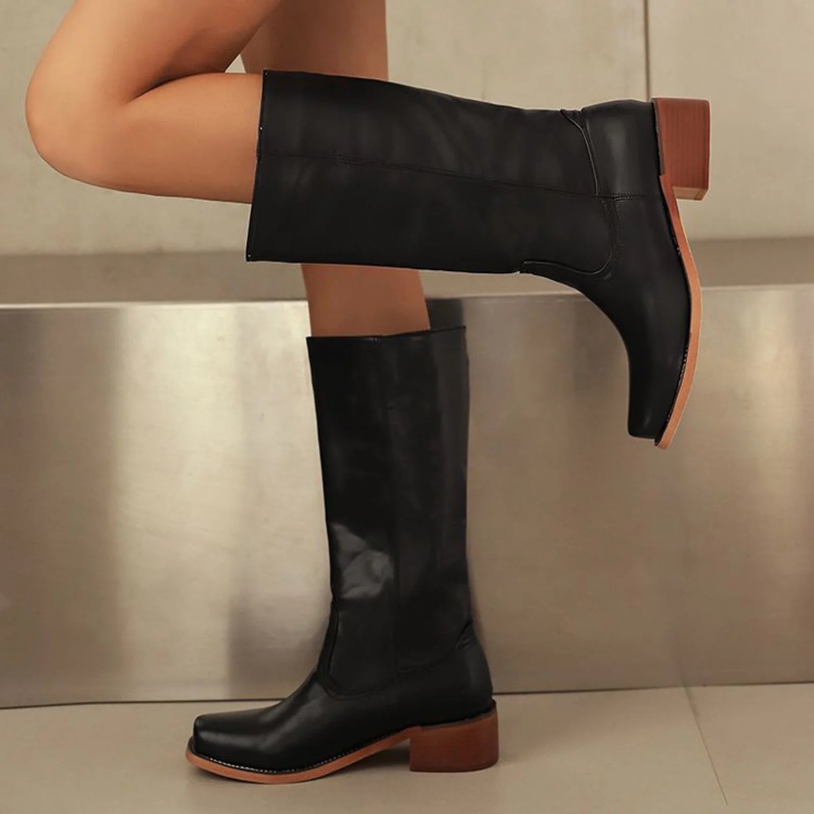 Damen Klassische Stiefel Blockabsatz Lederimita 10