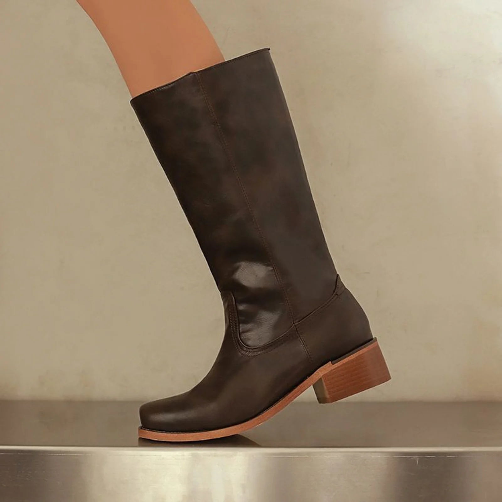 Damen Klassische Stiefel Blockabsatz Lederimita 7