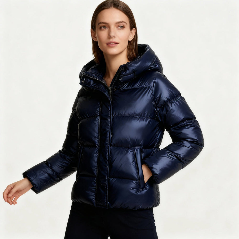 Damen Steppjacke Glanz Kapuze Taschen 1