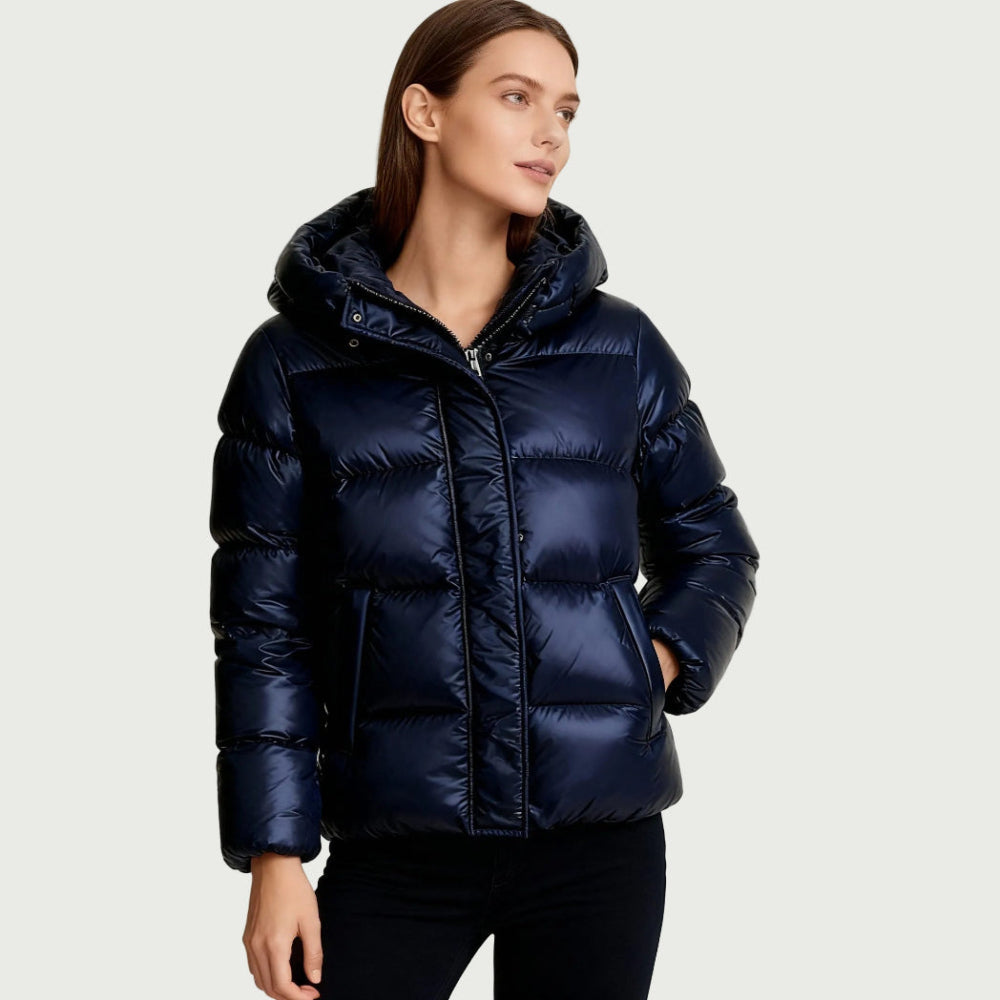 Damen Steppjacke Glanz Kapuze Taschen 2