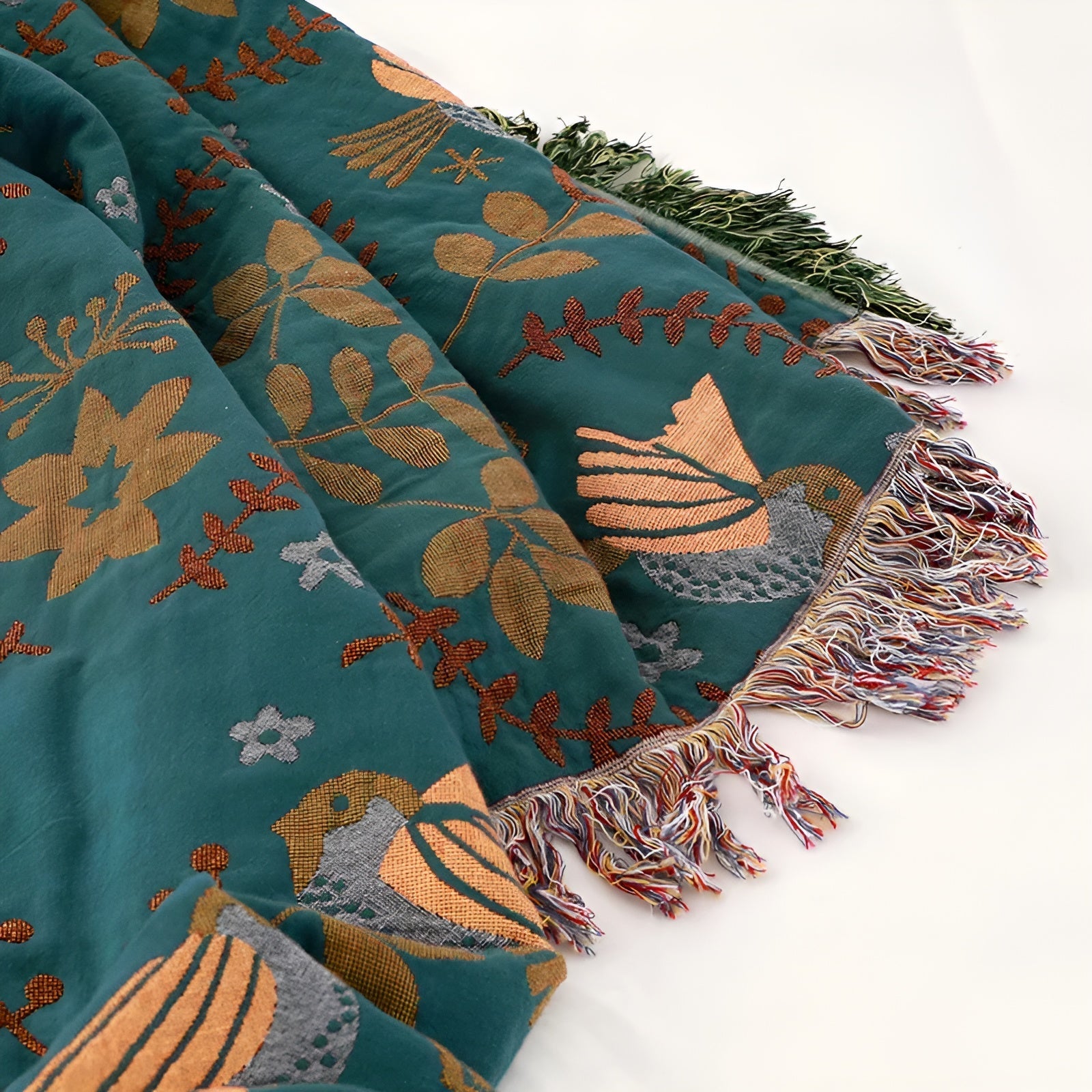 BohoBlanket | Wendbare Baumwolldecke mit Vogel- und Blumenmuster