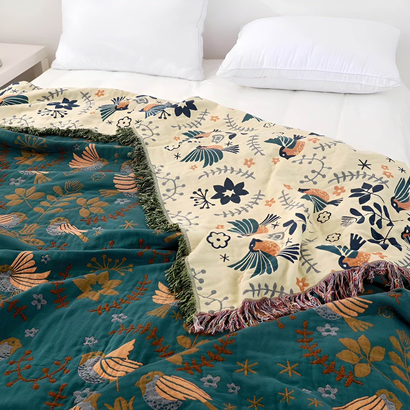 BohoBlanket | Wendbare Baumwolldecke mit Vogel- und Blumenmuster