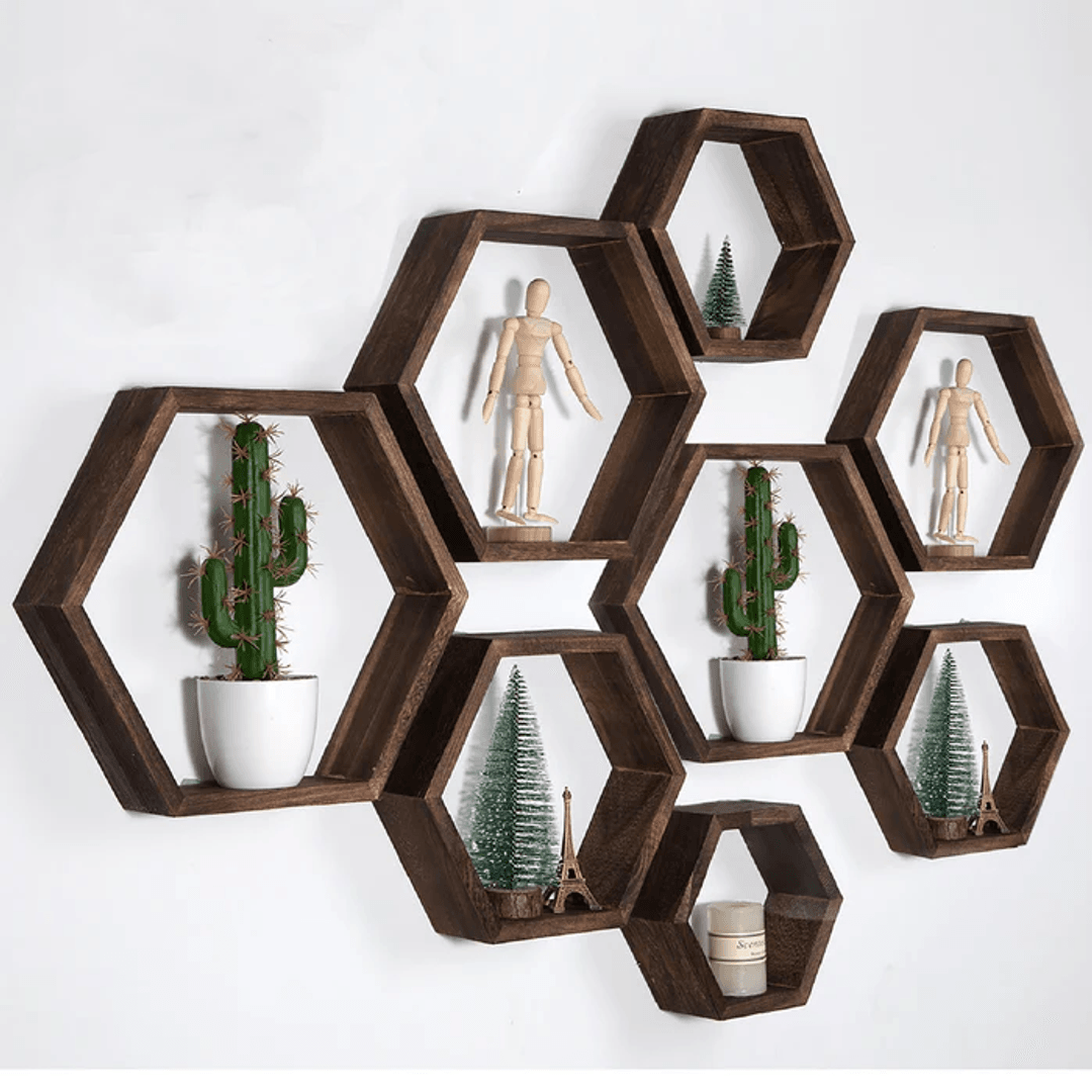 HexaShelf | 5 schwebende Hexagon-Regale in Holz-Optik